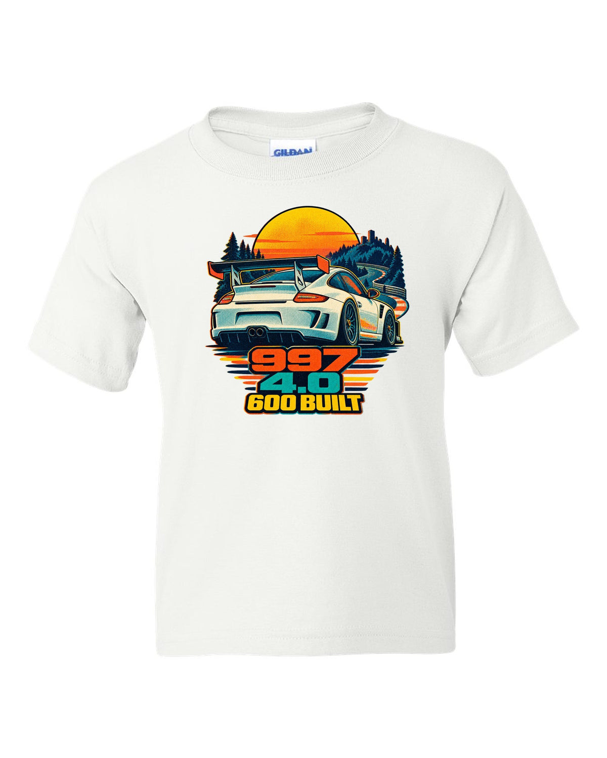 Misregistered risograph print of a Porsche 911 GT3 RS 4.0 997 at sunrise white kids tee front view with the design