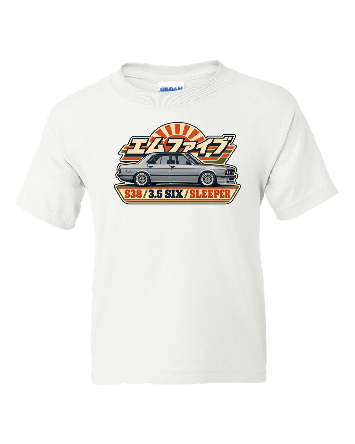 Vintage alpine pass race poster print of a BMW M5 E60 with rod bearing fund text white kids tee front view with the design