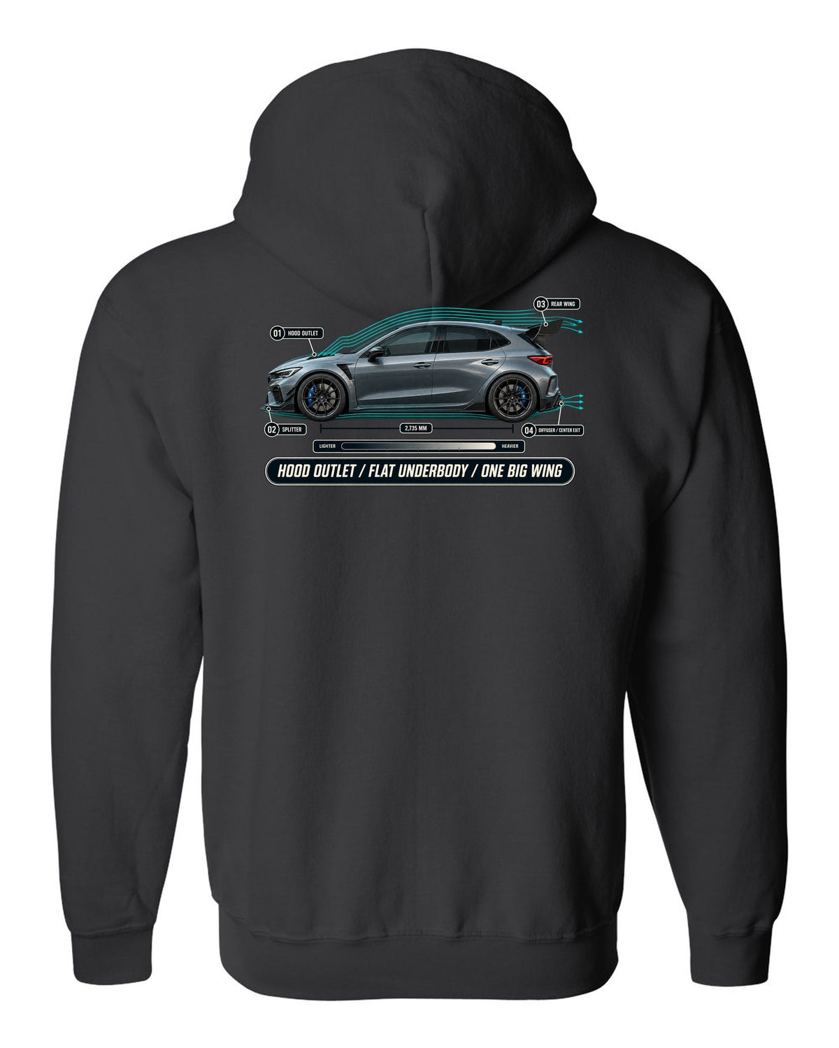 Honda Civic Type R FL5 Airflow Callouts black zip hoodie back view with the design