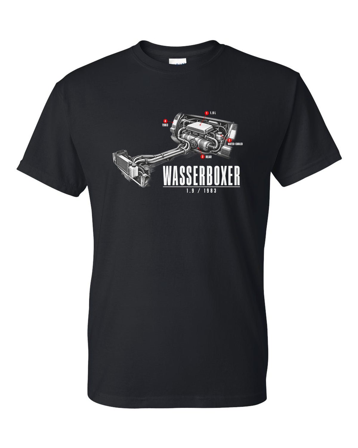 Engine hero print of the VW T3 Wasserboxer 1.9 water-cooled boxer engine with 1983 text black t-shirt front view with the design