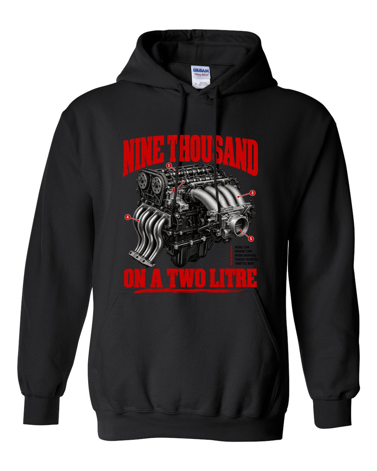 Honda S2000 AP1 roadster engine hero design with nine thousand on a two litre text black pull over hoodie front view with the design
