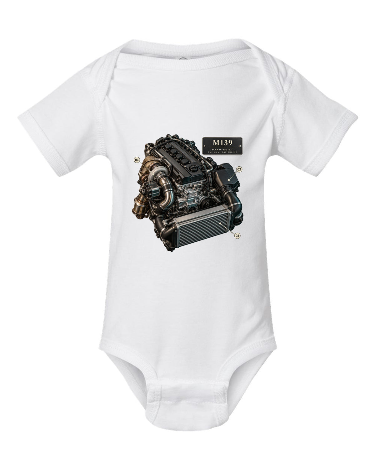 Mercedes-AMG C63 S E Performance W206 M139 engine illustration white baby onesie front view with the design