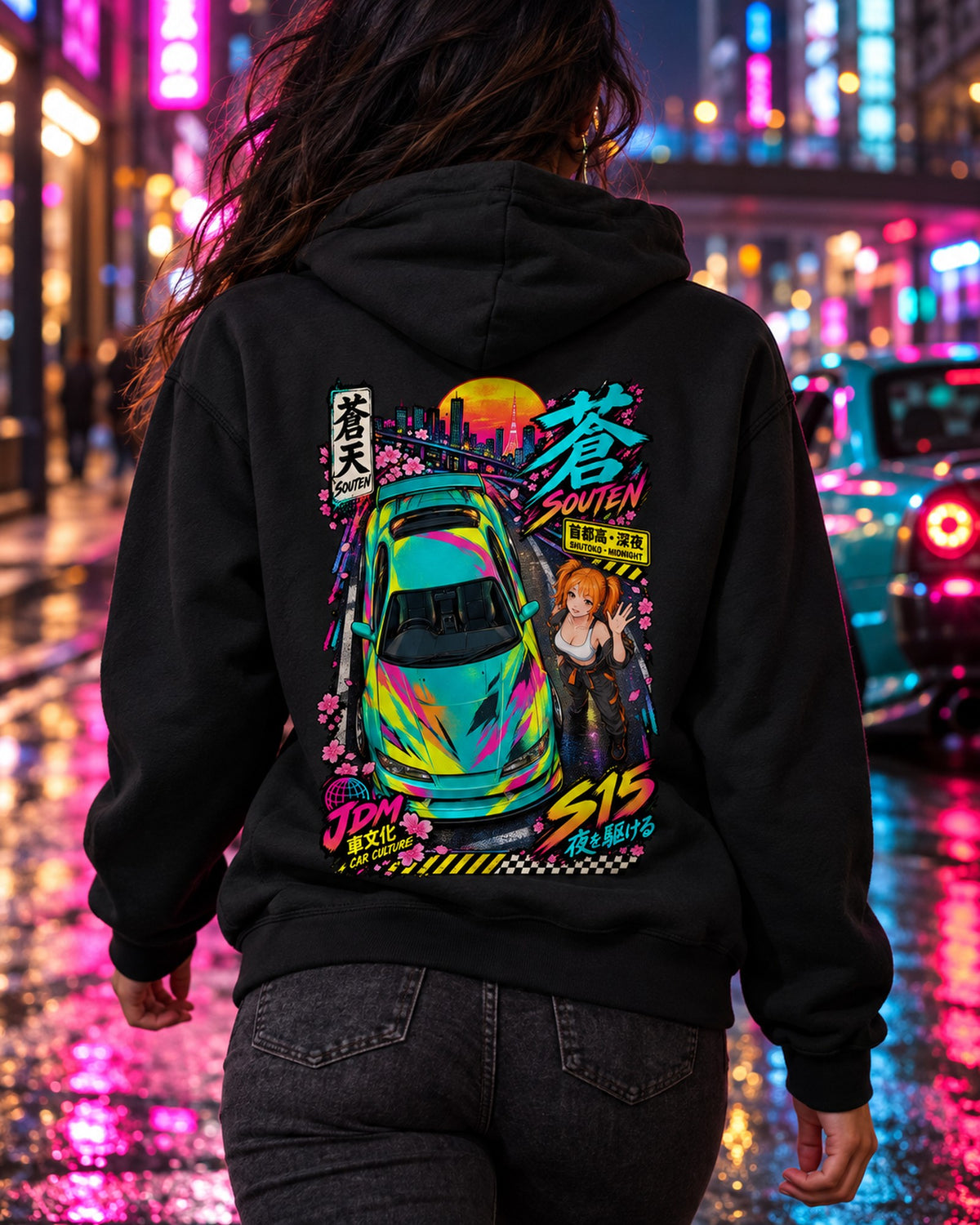 SOUTEN S15 Anime Girl Full-Back Graphic Tee Pull Over Hoodie Black worn hero