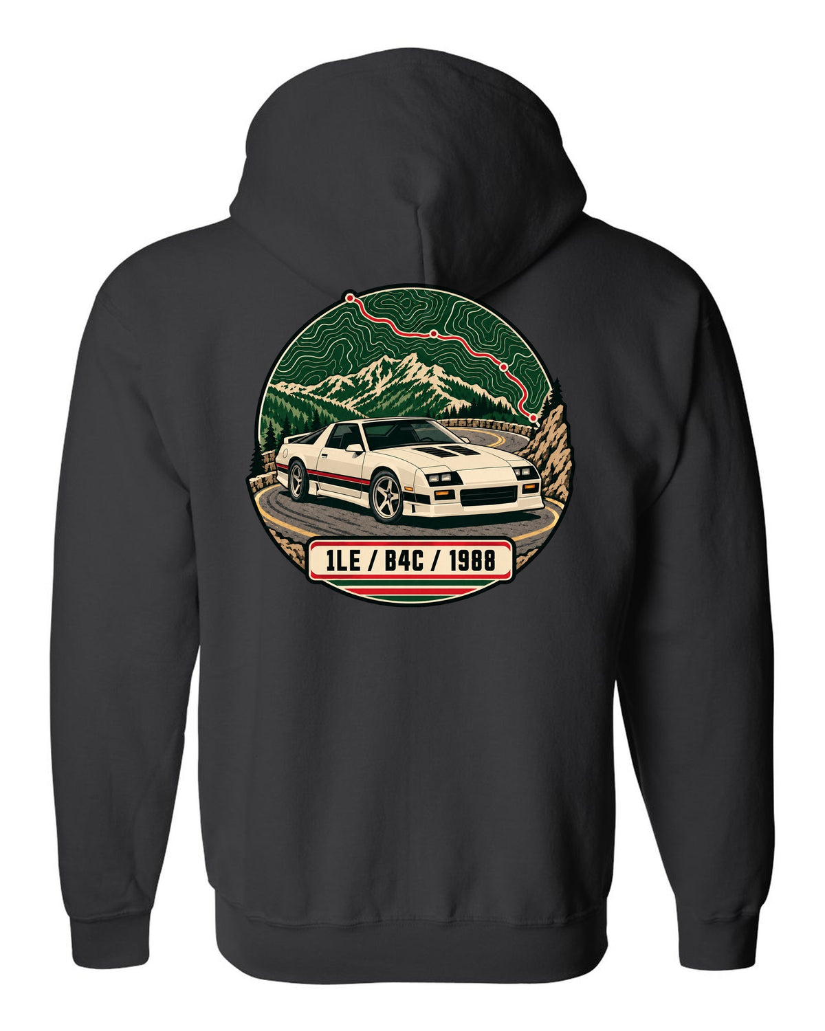 1988 Chevrolet Camaro 1LE topographic route map print with 1LE B4C 1988 text black zip hoodie back view with the design