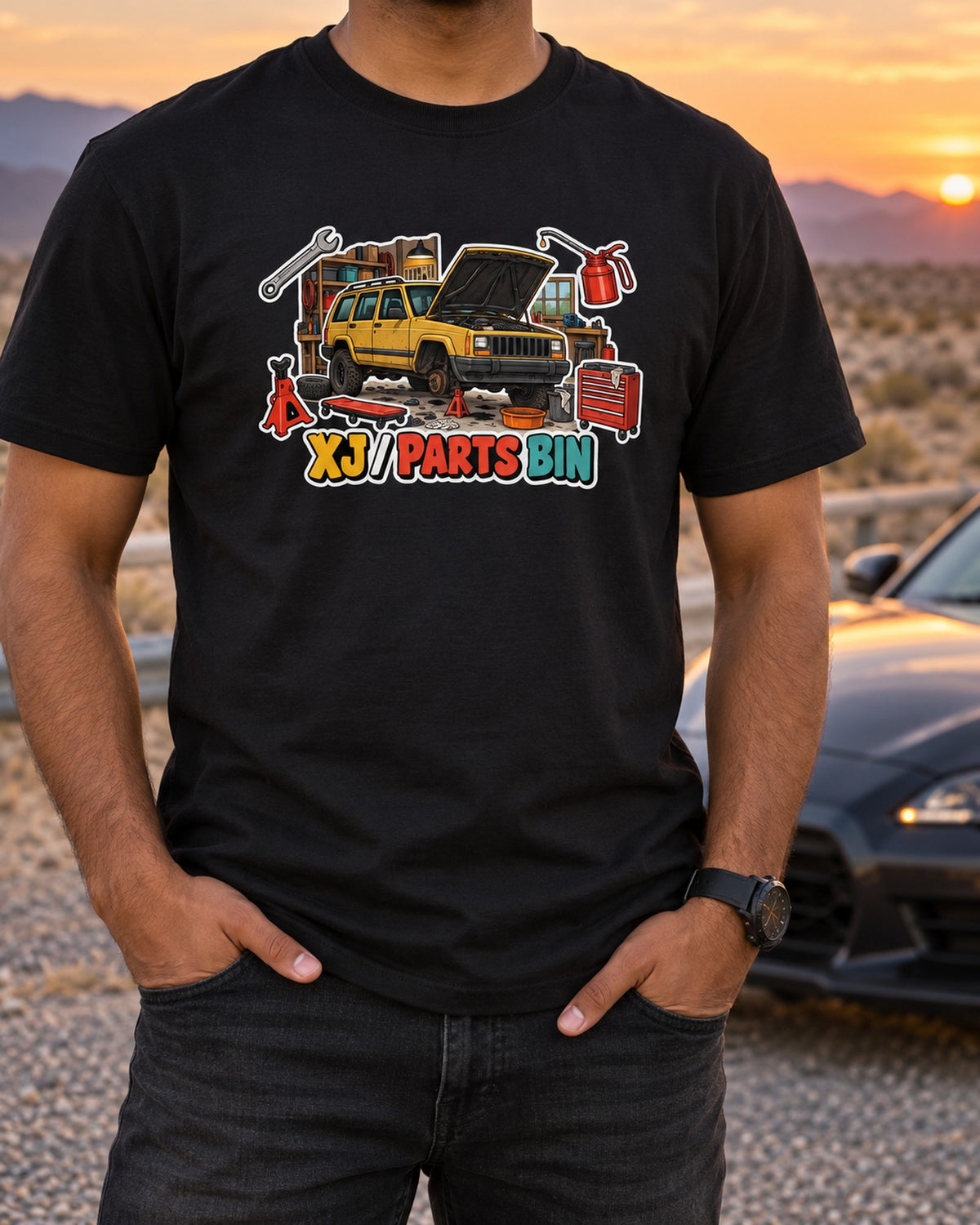 Jeep Cherokee XJ Parts Bin Sticker Collage Shirt T-Shirt Black worn hero
