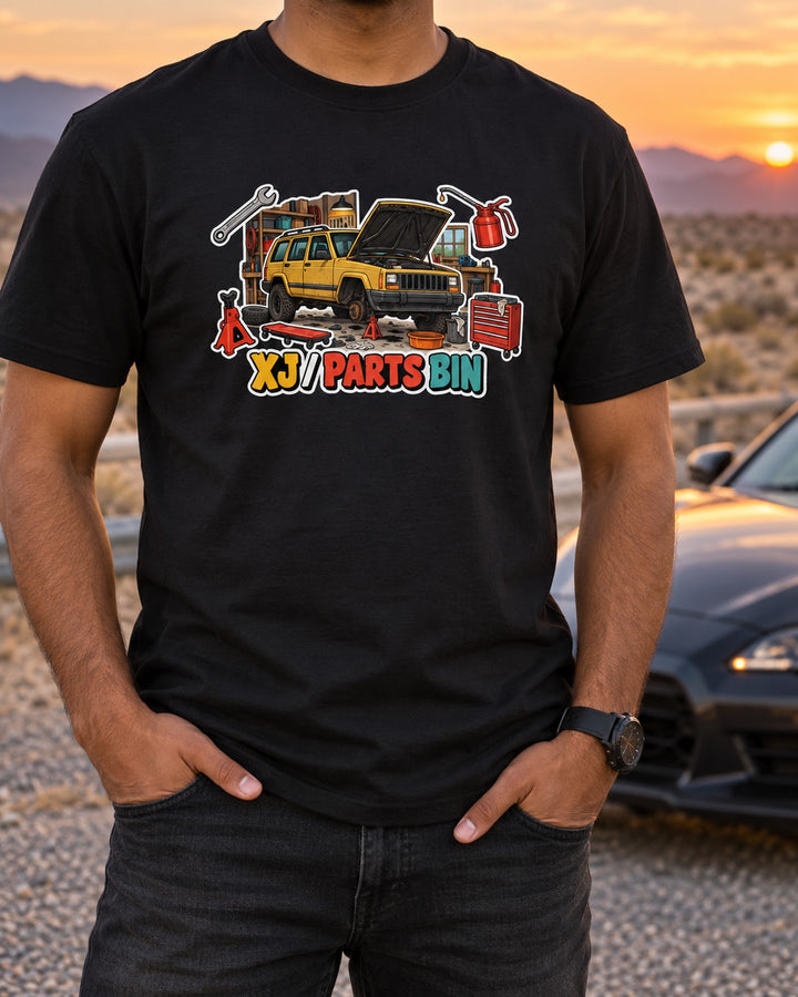 Jeep Cherokee XJ Parts Bin Sticker Collage Shirt T-Shirt Black worn hero