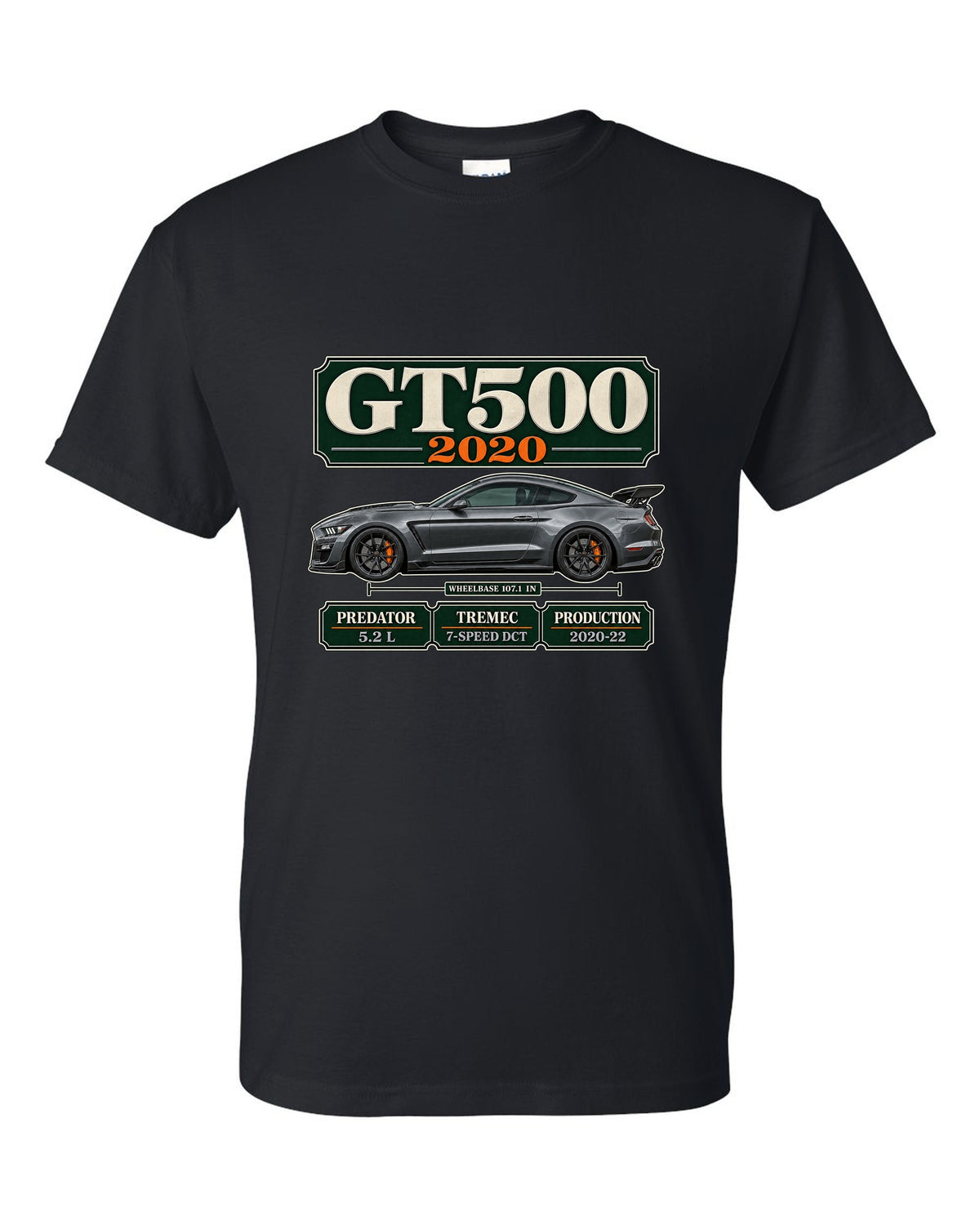 Ford Mustang S550 Shelby GT500 2020 archive panel print with engine and gearbox details black t-shirt front view with the design