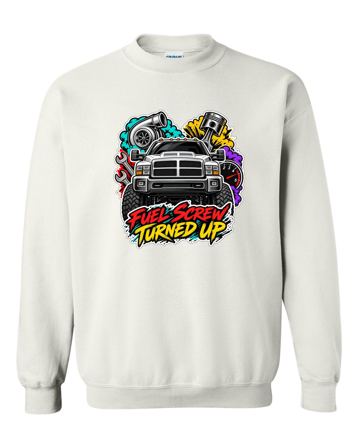 Sticker-bomb collage print of a 1994-1998 Dodge Ram 2500 12V Cummins with fuel screw text white crewneck front view with the design