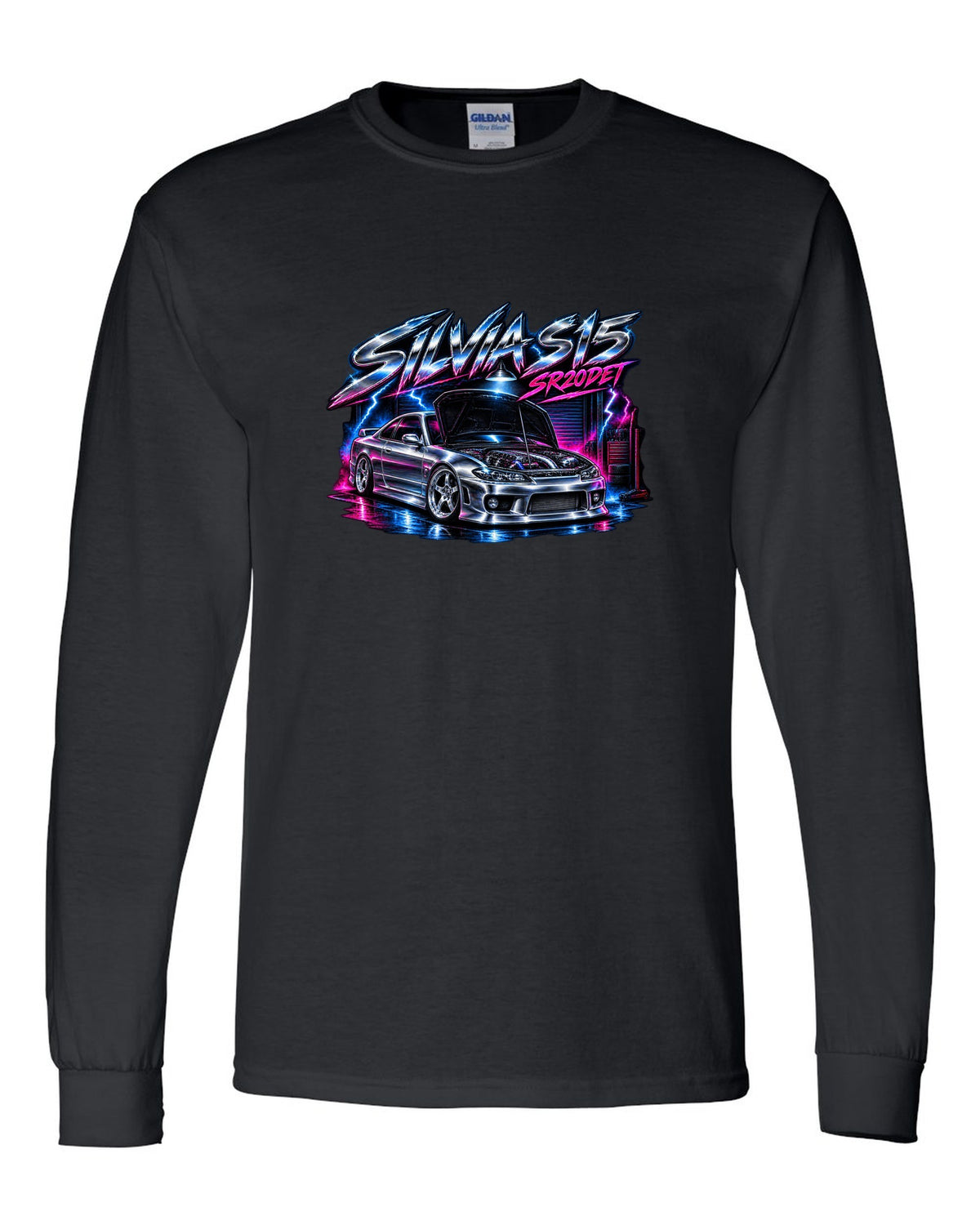 Airbrush chrome poster print of a Nissan Silvia S15 with SR20DET lettering black long sleeve front view with the design