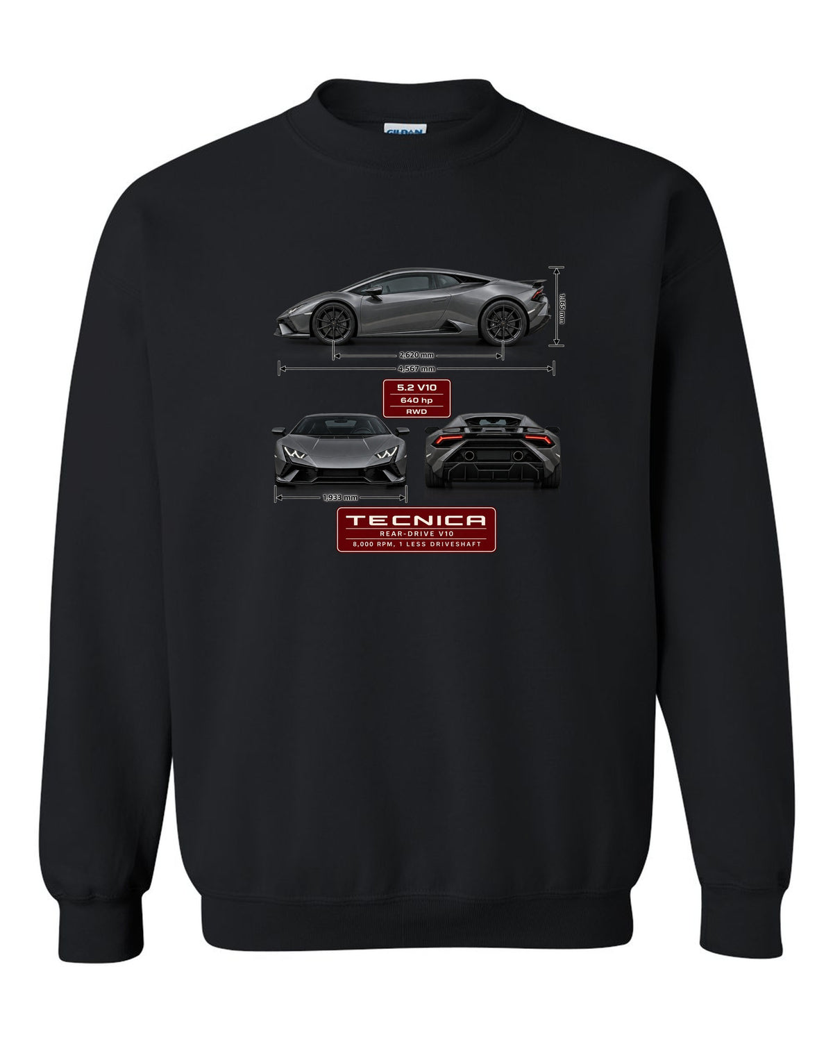 Three-view spec table print of the Lamborghini Huracan Tecnica black crewneck front view with the design