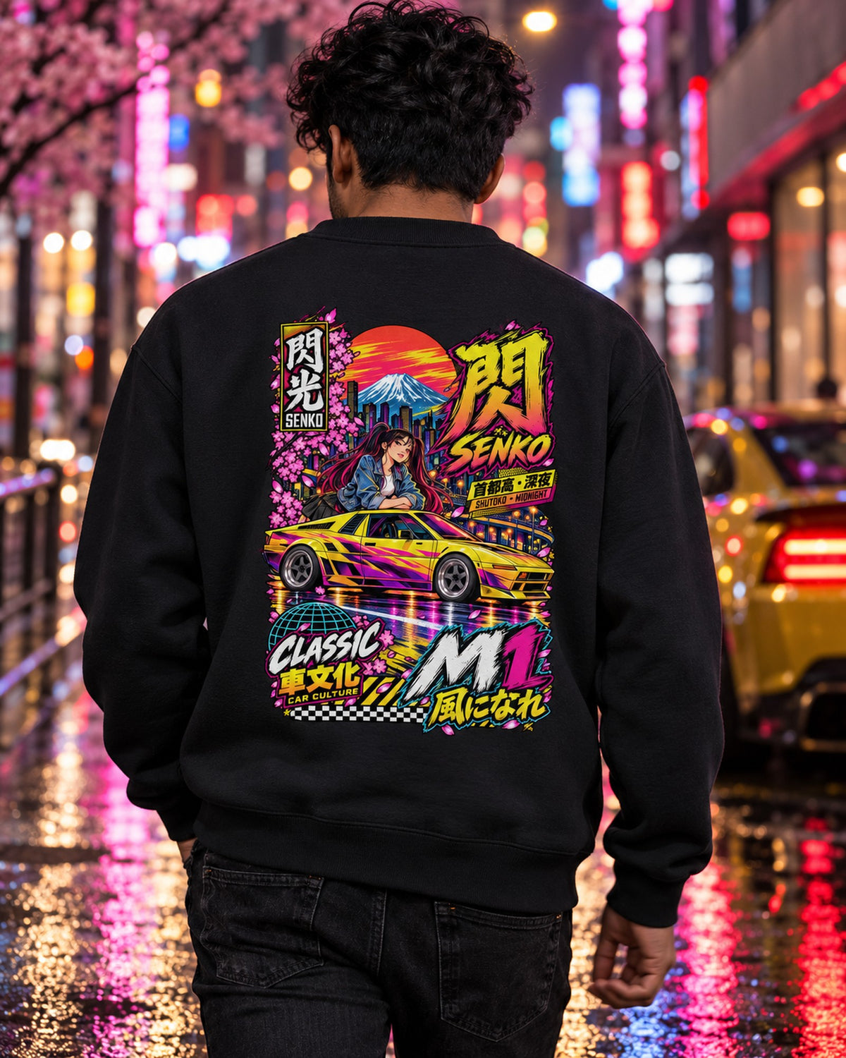 SENKO M1 Anime Girl Full-Back Graphic Tee Crewneck Black worn hero