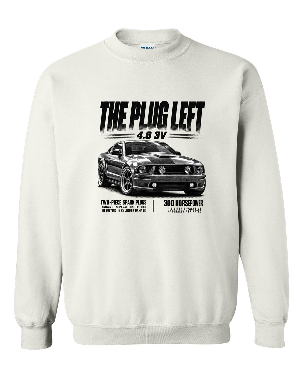 Halftone print of a 2005-09 Ford Mustang S197 GT with 4.6 3V text white crewneck front view with the design