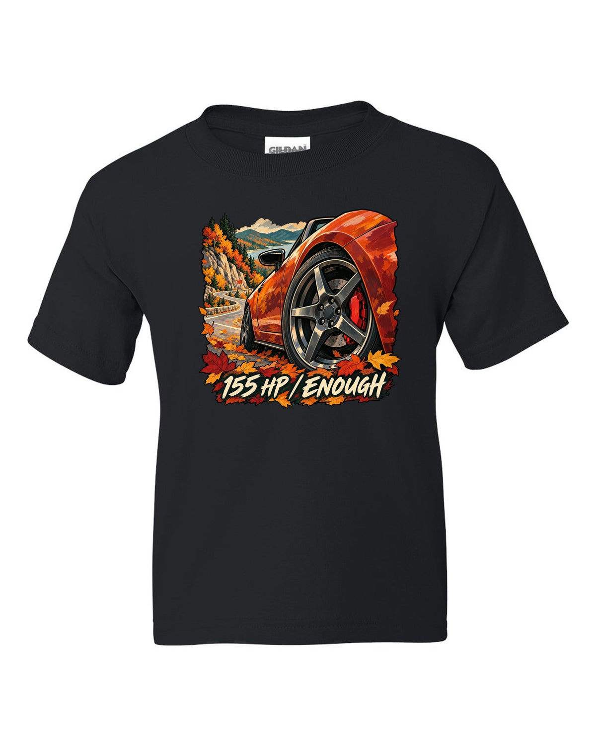 Painterly gouache illustration of a Mazda MX-5 ND on an autumn road with 155 HP / ENOUGH lettering black kids tee front view with the design