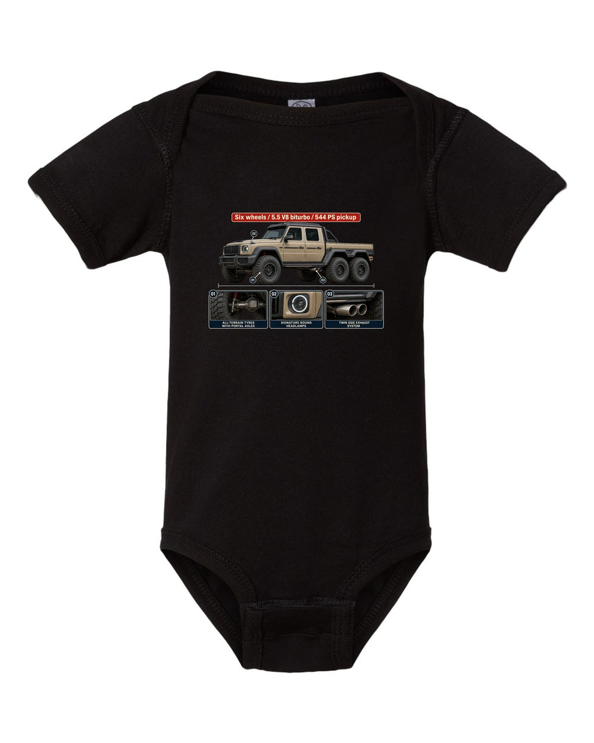 Dossier panel print of a Mercedes-Benz G63 AMG 6x6 W463 pickup black baby onesie front view with the design