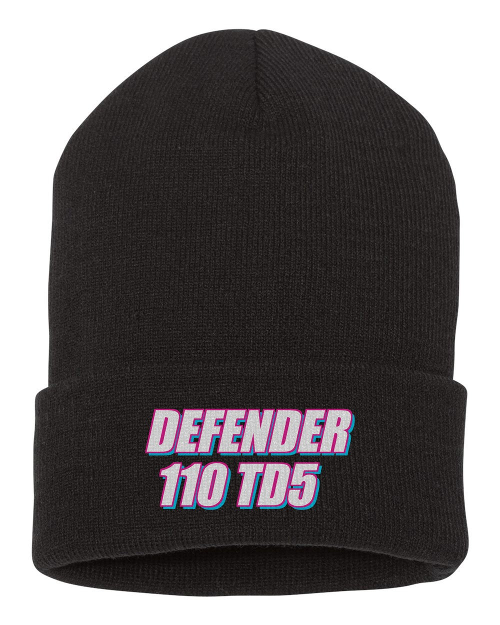 Defender 110 Td5 black beanie front view with car name