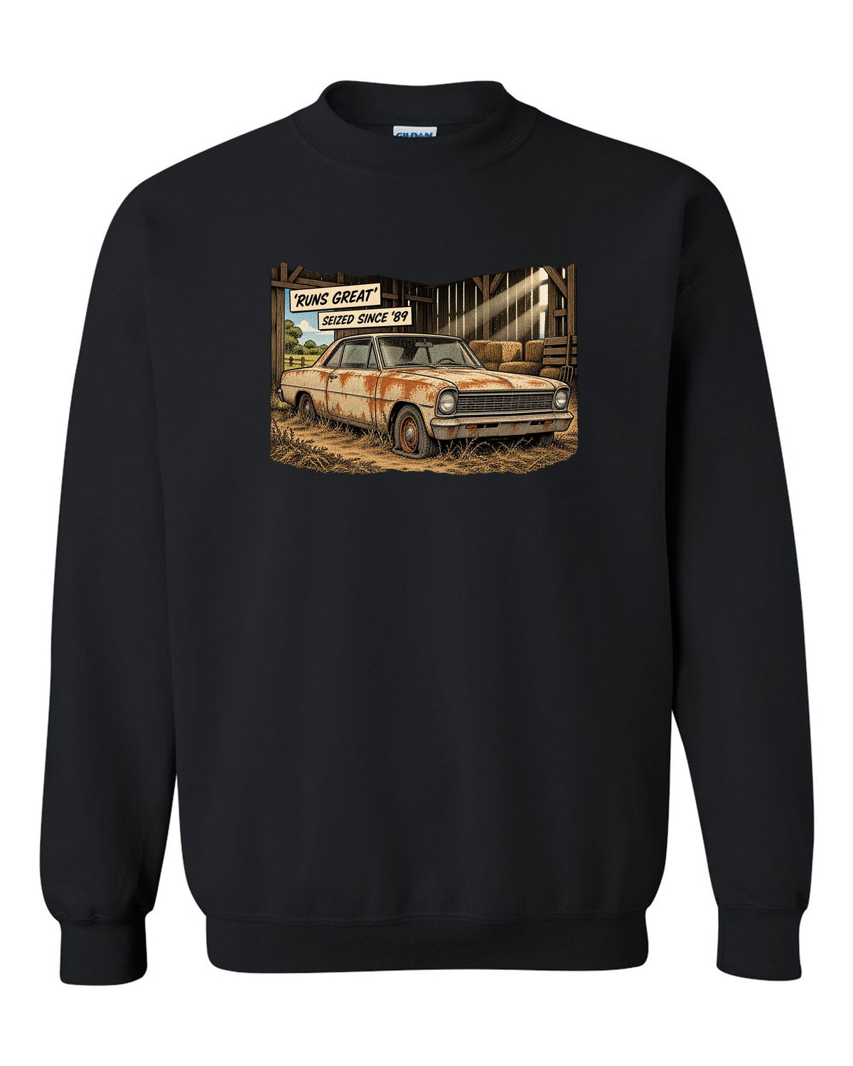 Synthwave print of a 1971 Chevelle SS 454 taillights with the text Runs Great, Seized Since '89 black crewneck front view with the design