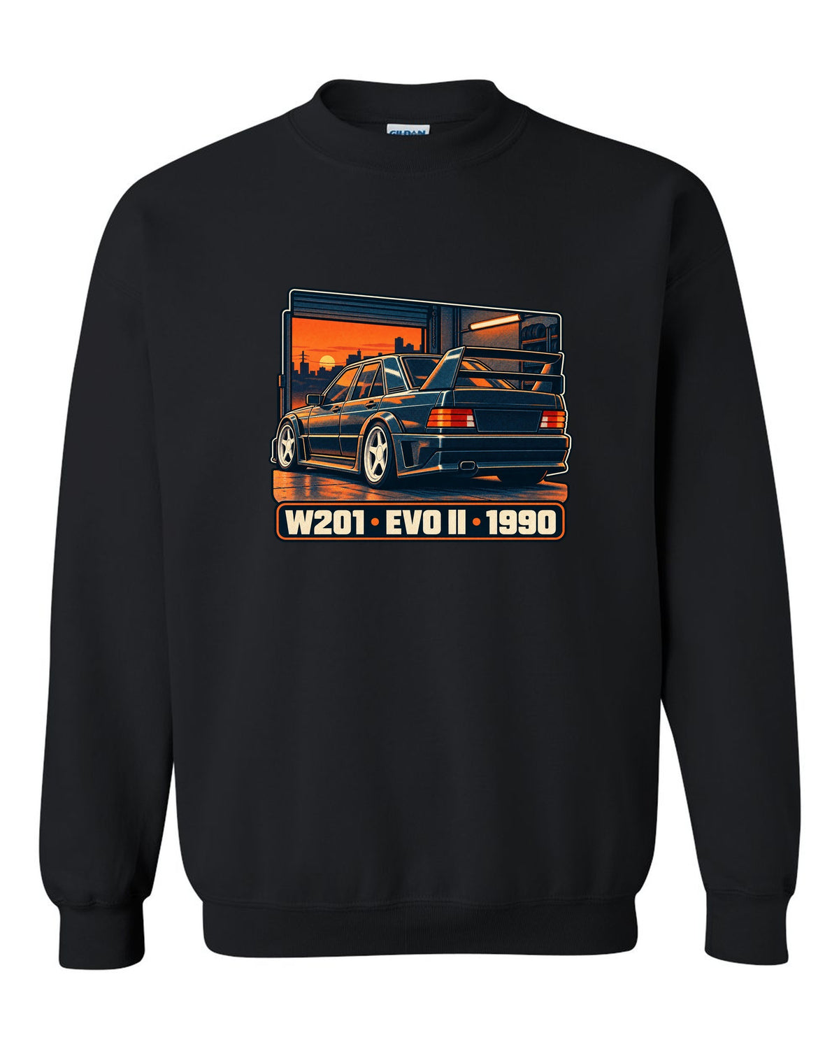 Risograph two-colour halftone print of a Mercedes-Benz 190E Evo II W201 in a garage at dusk black crewneck front view with the design