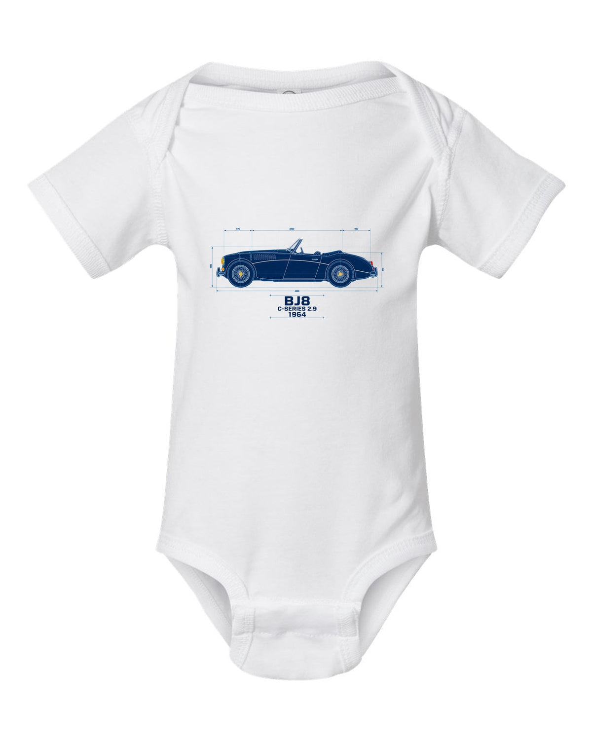 Blueprint line art of a 1964 Austin-Healey 3000 Mk III BJ8 with C-Series 2.9 lettering white baby onesie front view with the design
