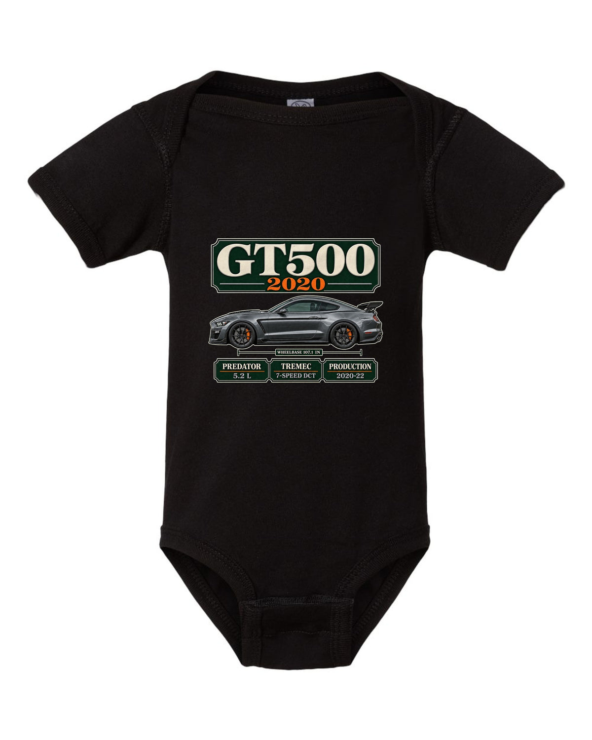 Ford Mustang S550 Shelby GT500 2020 archive panel print with engine and gearbox details black baby onesie front view with the design