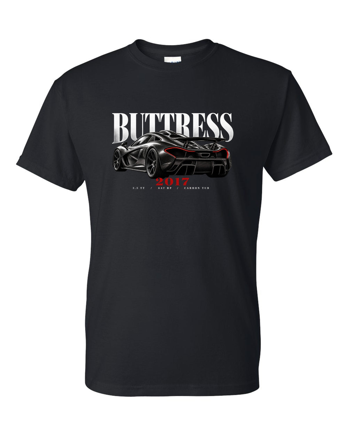 Ford GT 2017-22 buttress editorial print with 3.5 TT, 647 HP and carbon tub text black t-shirt front view with the design