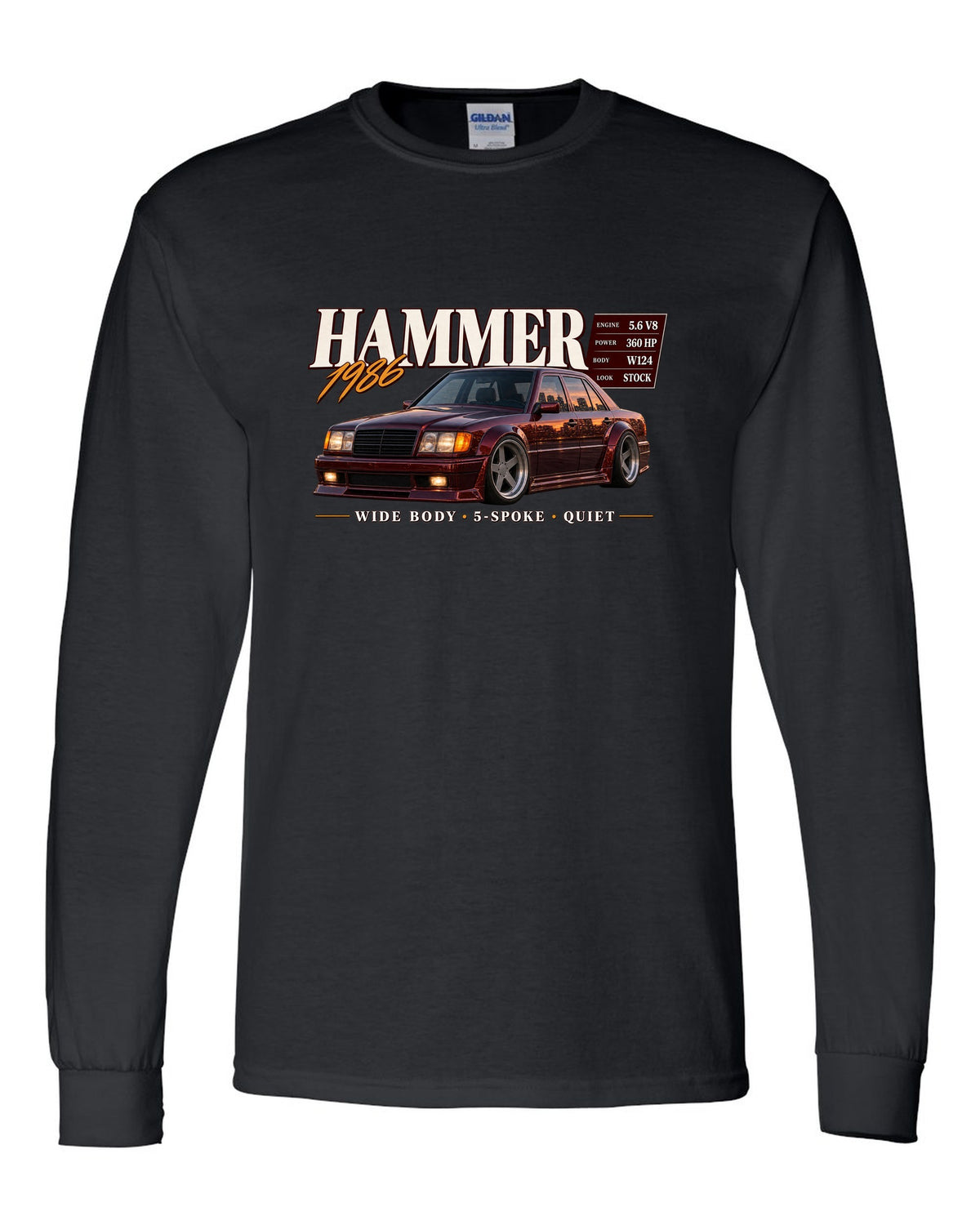 print archive panel of a Mercedes W124 300E 5.6 Hammer with text 5.6 V8 sleeper wide body black long sleeve front view with the design