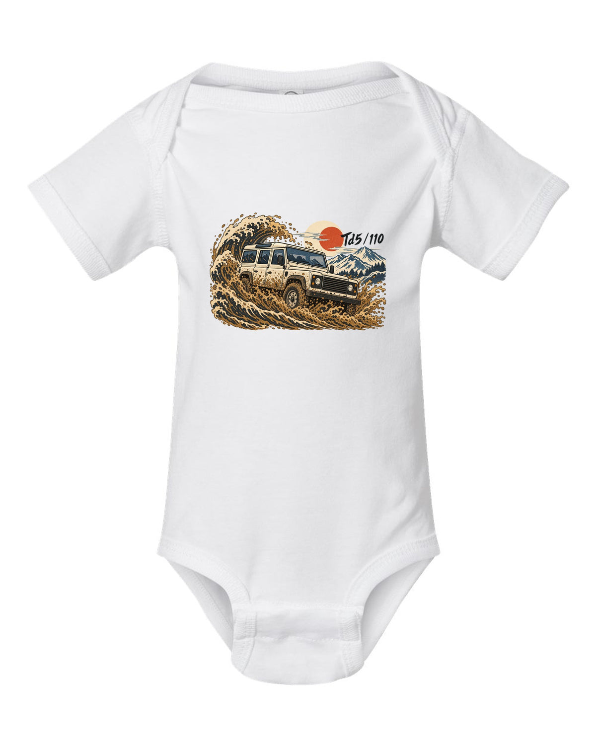Ukiyo-e woodblock print of a Land Rover Defender 110 Td5 driving through a wave of mud white baby onesie front view with the design