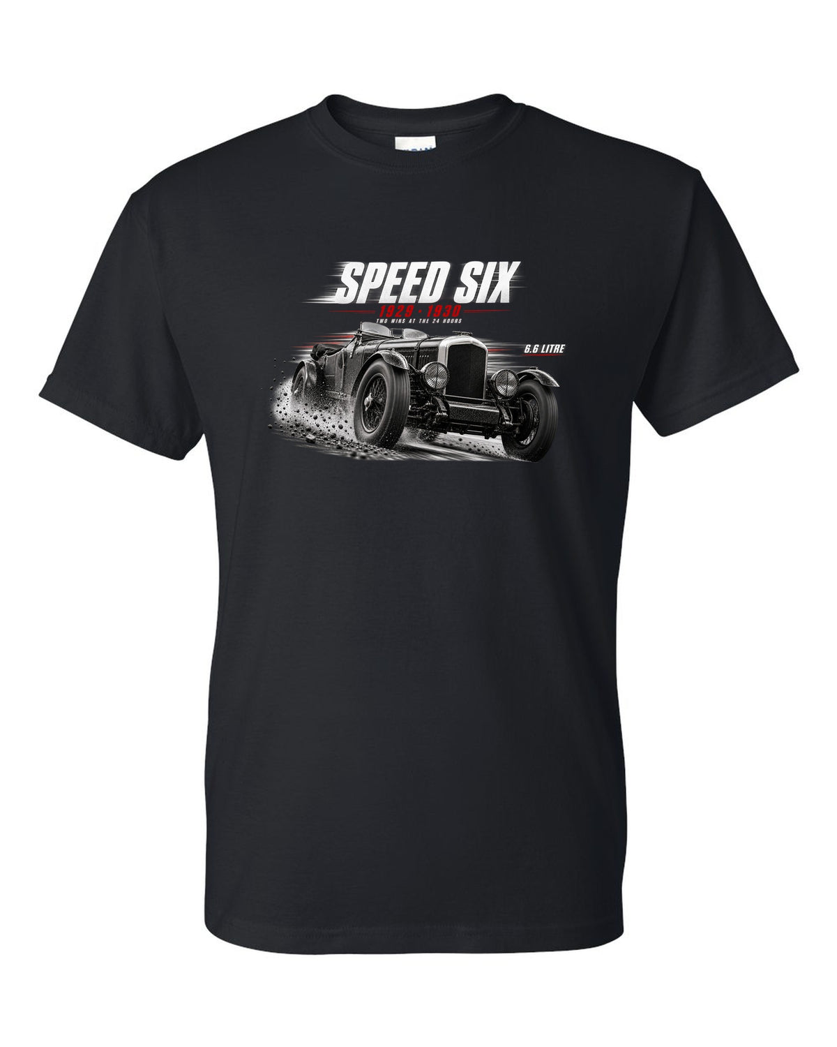 Bentley Speed Six Le Mans race poster 1929 and 1930 black t-shirt front view with the design