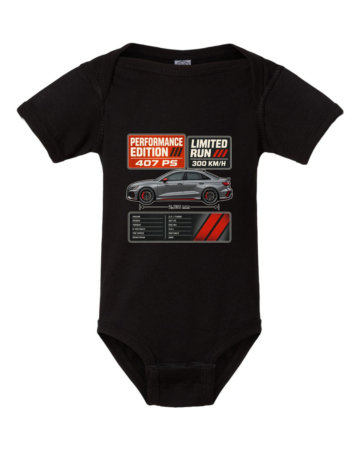 Grey and orange spec poster for the Audi RS3 8Y Performance Edition black baby onesie front view with the design