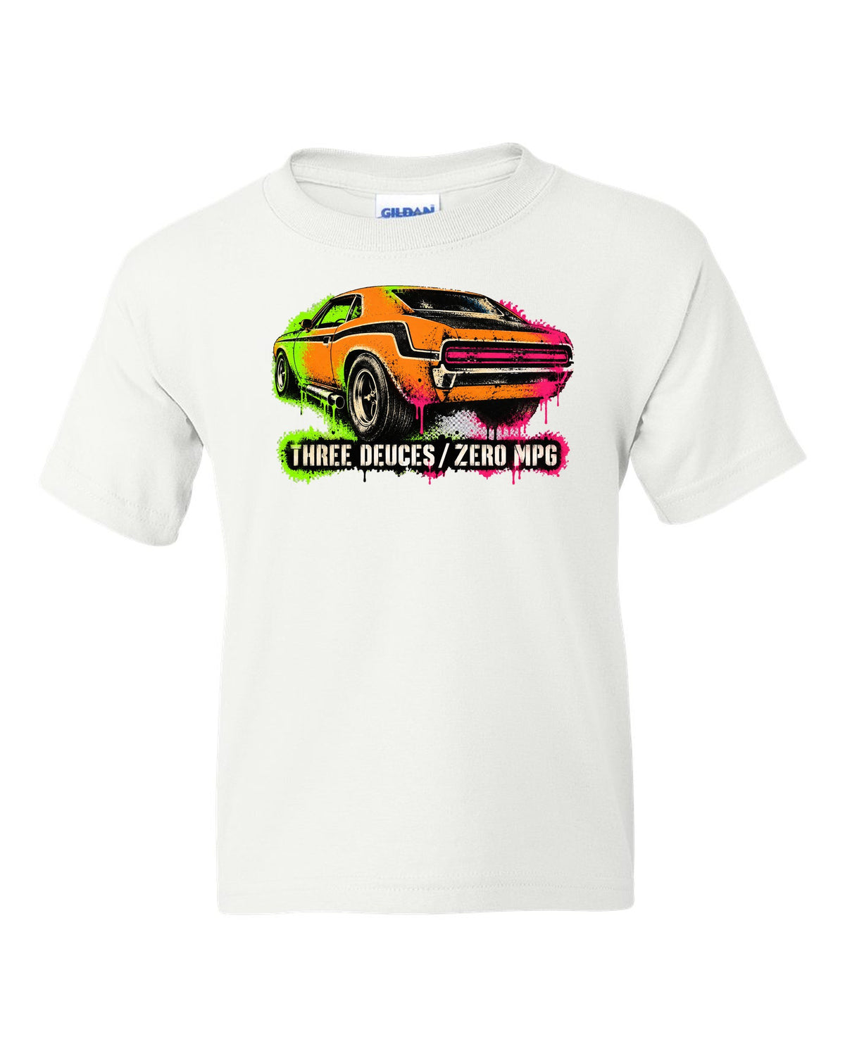 1970 Dodge Challenger T/A gas-station stencil spray paint print with Three Deuces Zero MPG text white kids tee front view with the design