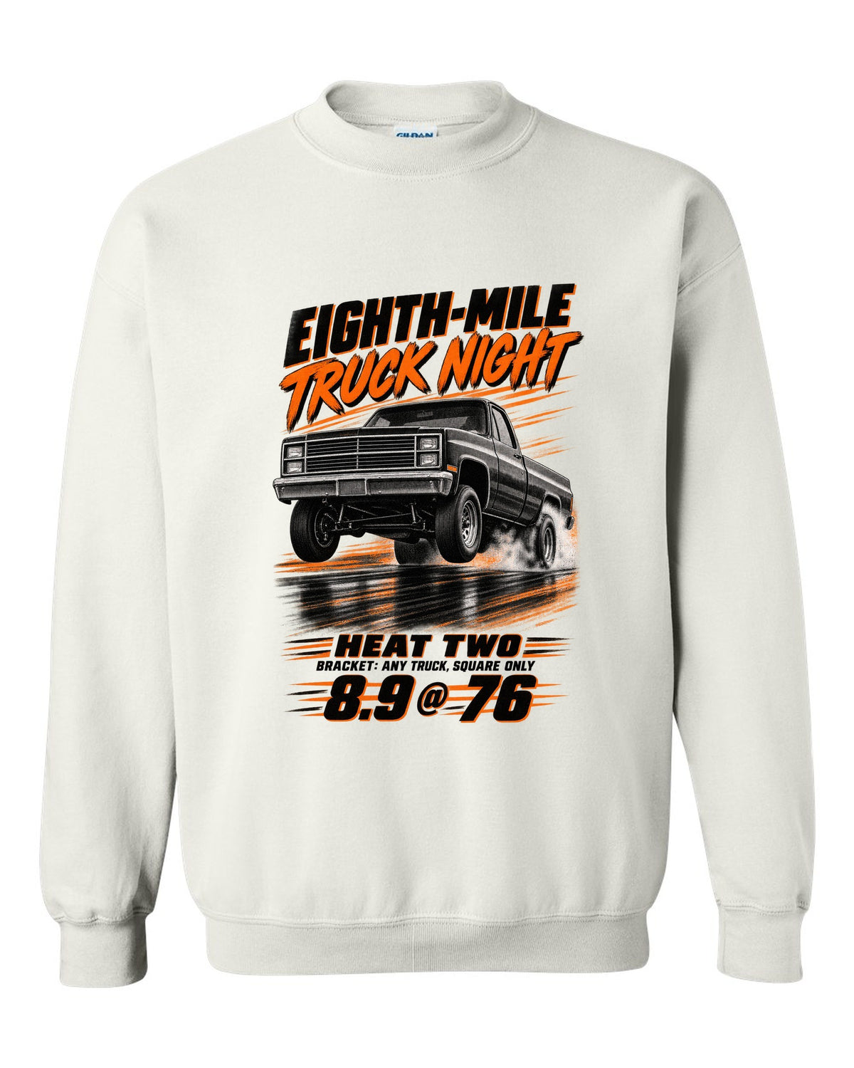 Squarebody C10 eighth-mile race poster print white crewneck front view with the design