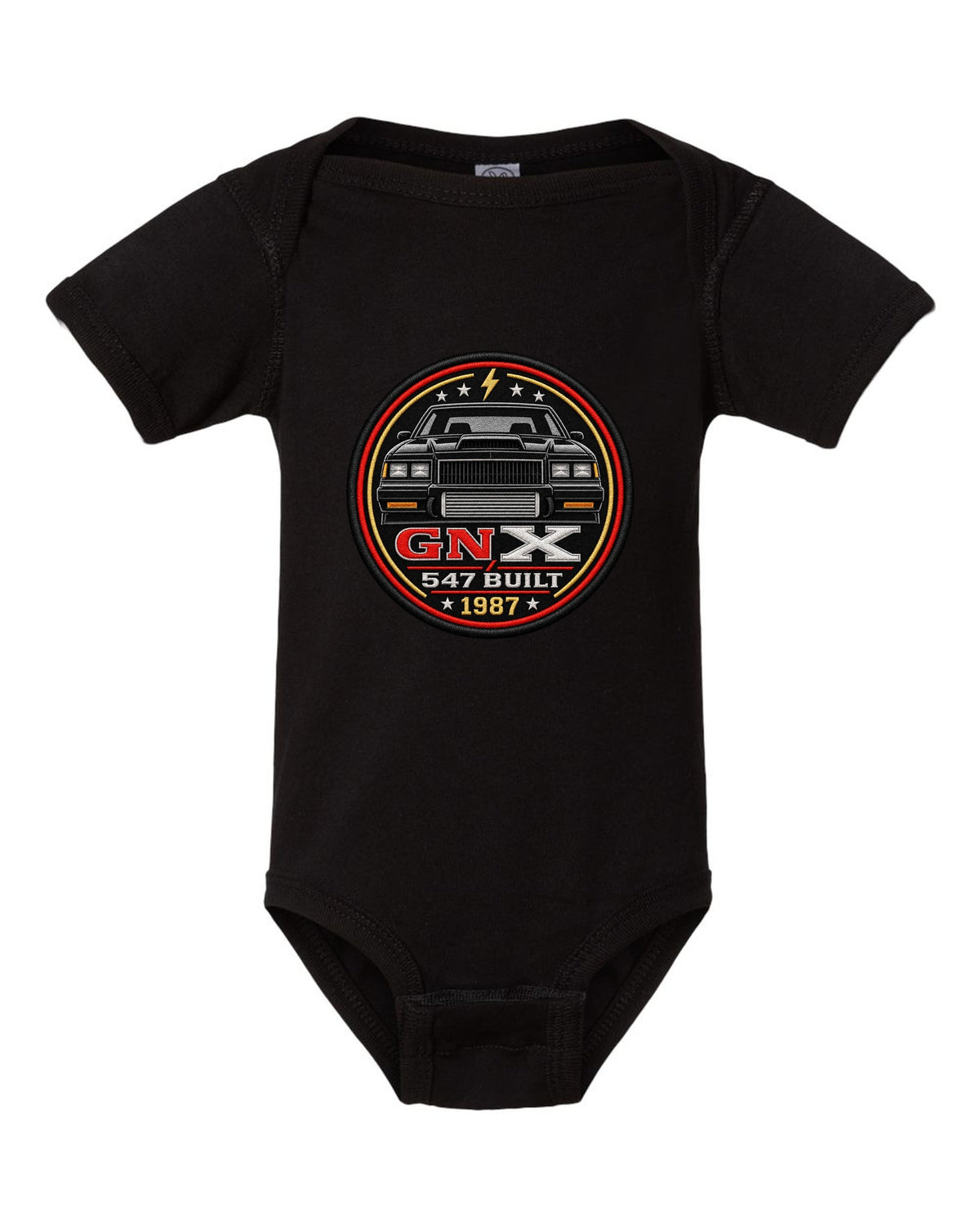 1987 Buick GNX coupe inside a round crest design with 547 built text black baby onesie front view with the design