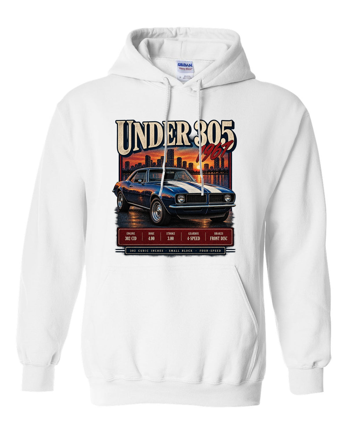 Archive-panel print of a 1967 Chevrolet Camaro Z/28 listing 302 cubic inch small block specs white pull over hoodie front view with the design