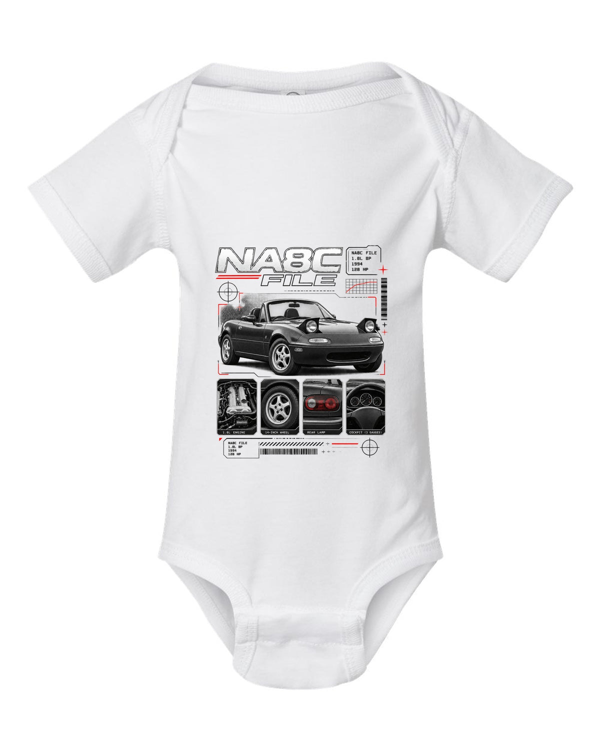 Dossier panel print of a Mazda MX-5 NA Eunos Roadster with NA8C spec lettering white baby onesie front view with the design