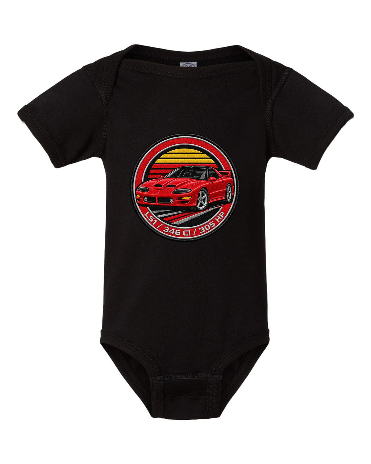 1998 Camaro SS fourth-generation in an embroidery round crest with text LS1 346 CI 305 HP black baby onesie front view with the design
