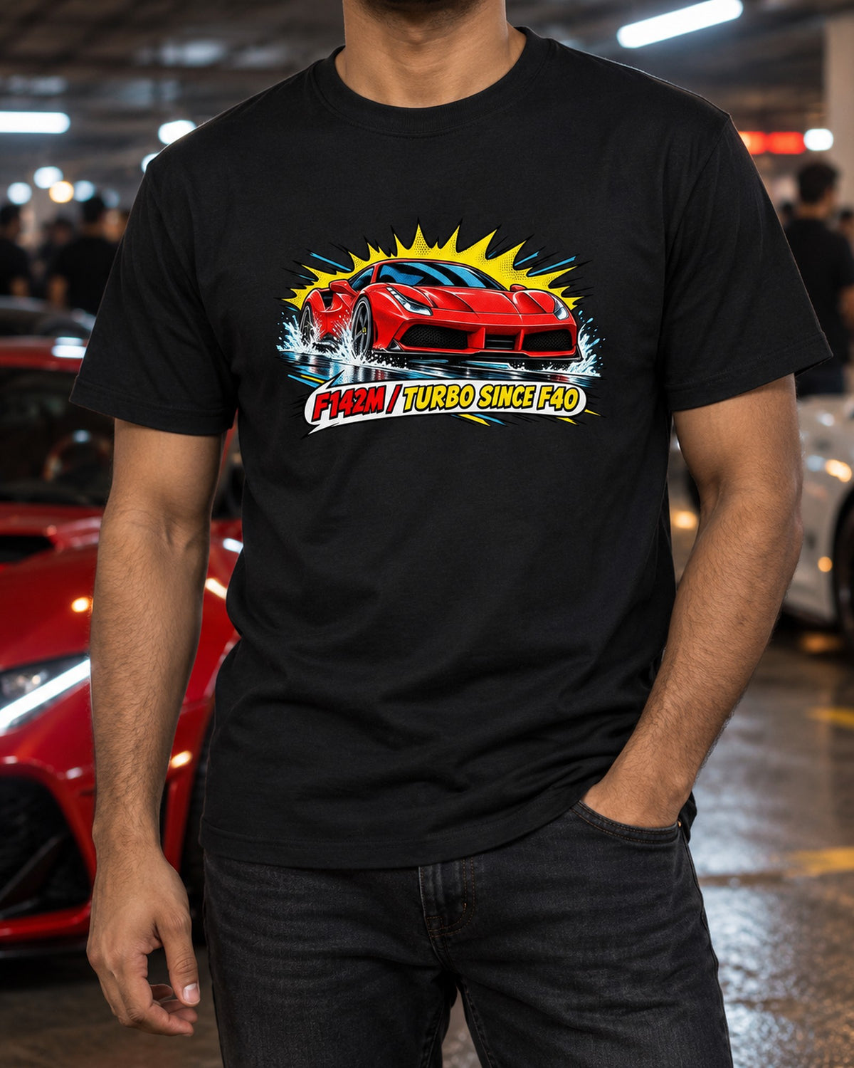Ferrari 488 GTB F142M Splitter Splash Pop-Art Tee, Turbo Since F40 T-Shirt Black worn hero