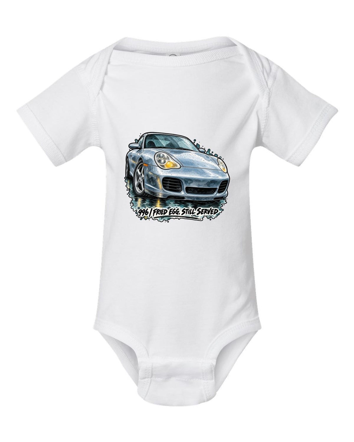 Watercolour ink wash of a Porsche 911 996 on a wet road white baby onesie front view with the design