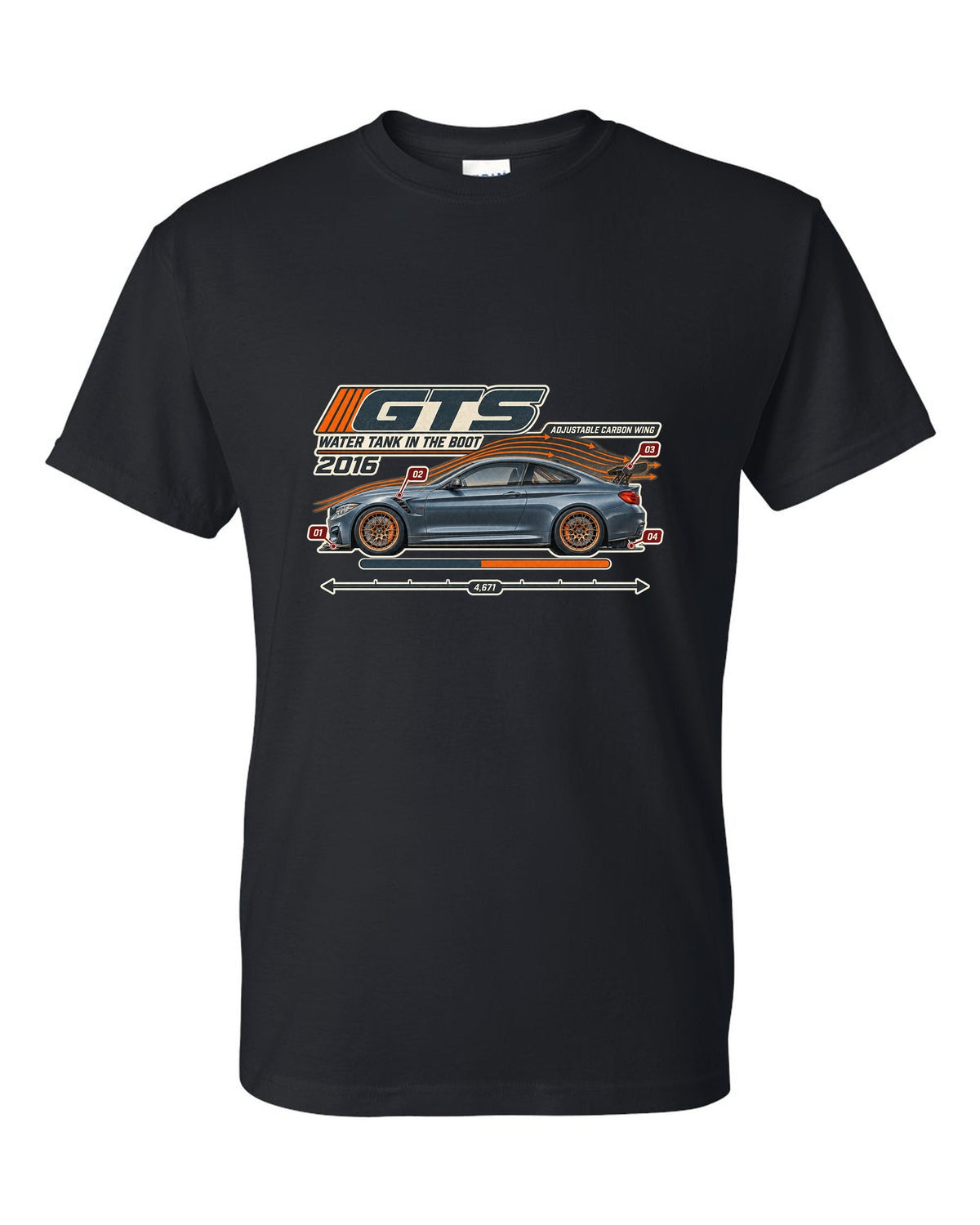 BMW M4 GTS F82 aero cutaway with callouts print black t-shirt front view with the design