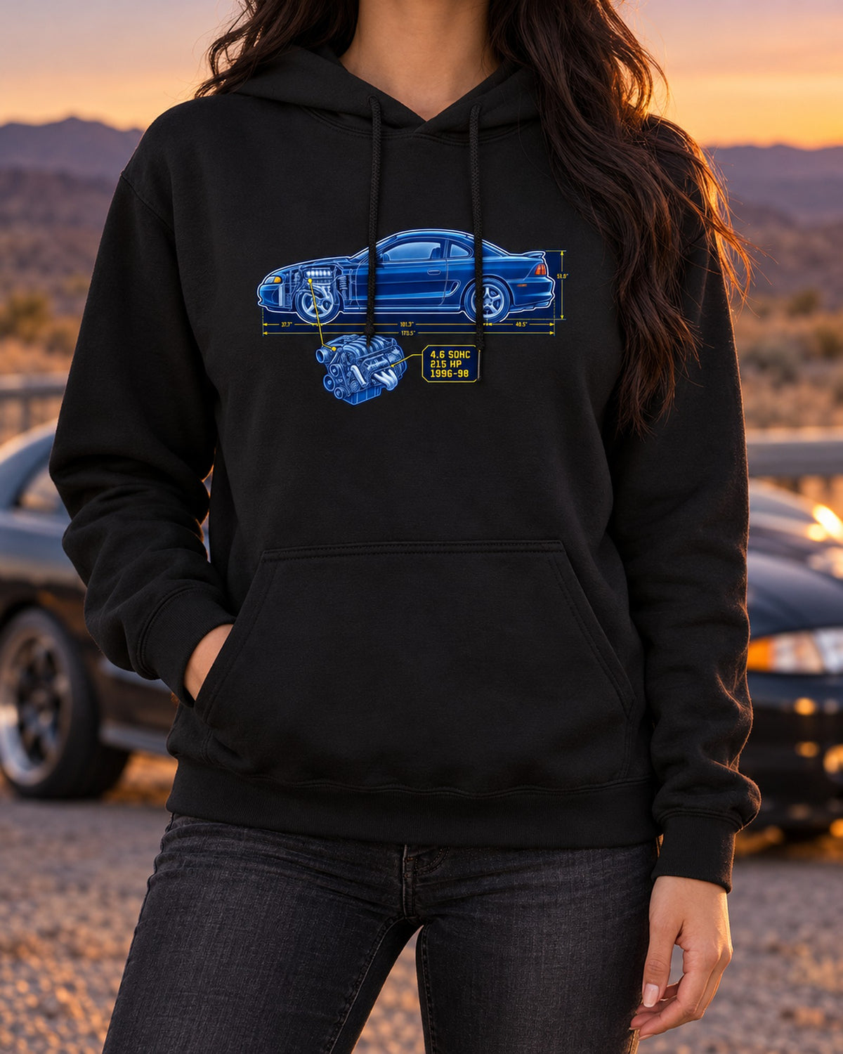 Ford Mustang SN95 Coupe Cyanotype Draft Shirt, 1996-98 4.6 Pull Over Hoodie Black worn hero