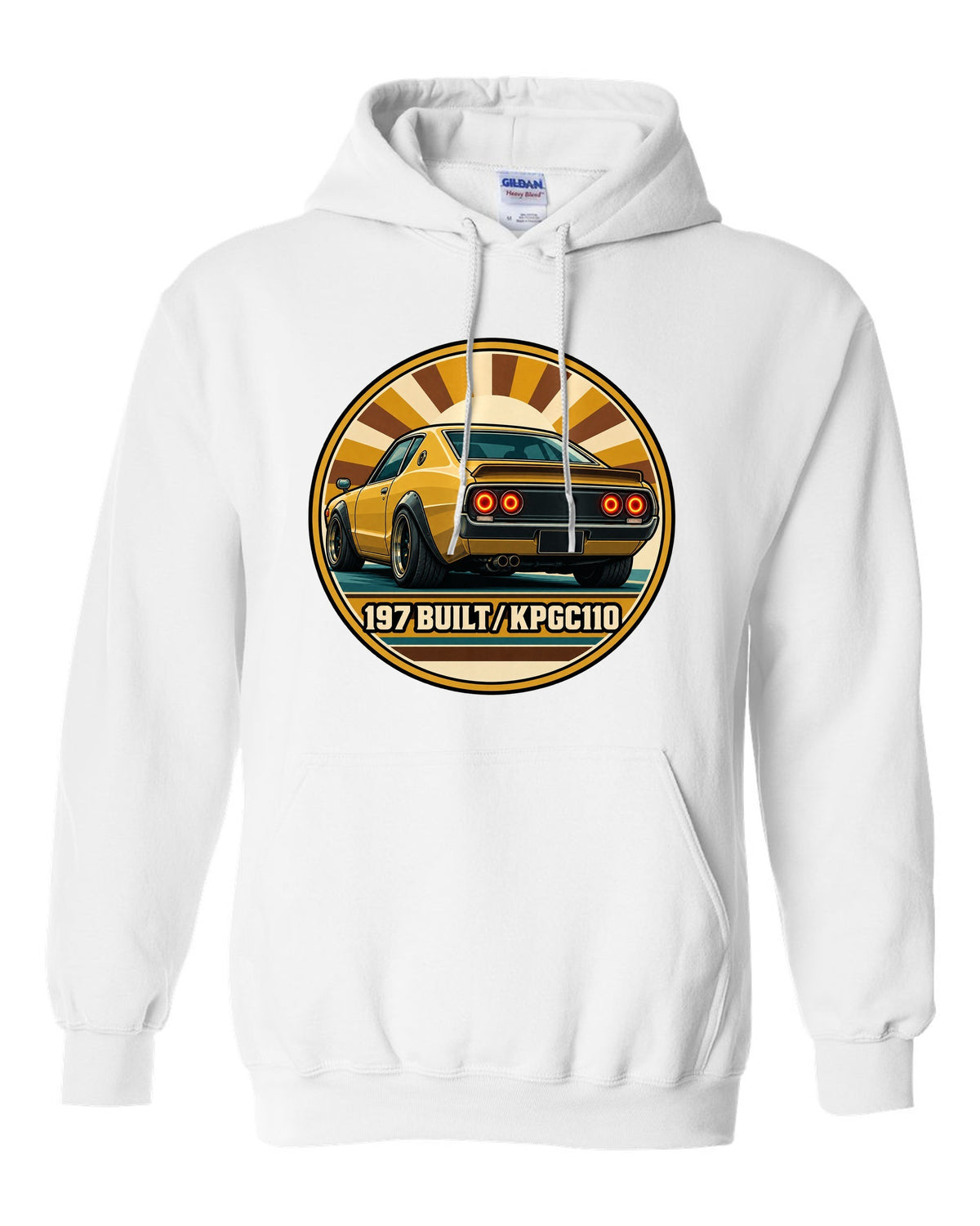 Round crest print for the Skyline Kenmeri KPGC110 with 197 Built lettering white pull over hoodie front view with the design