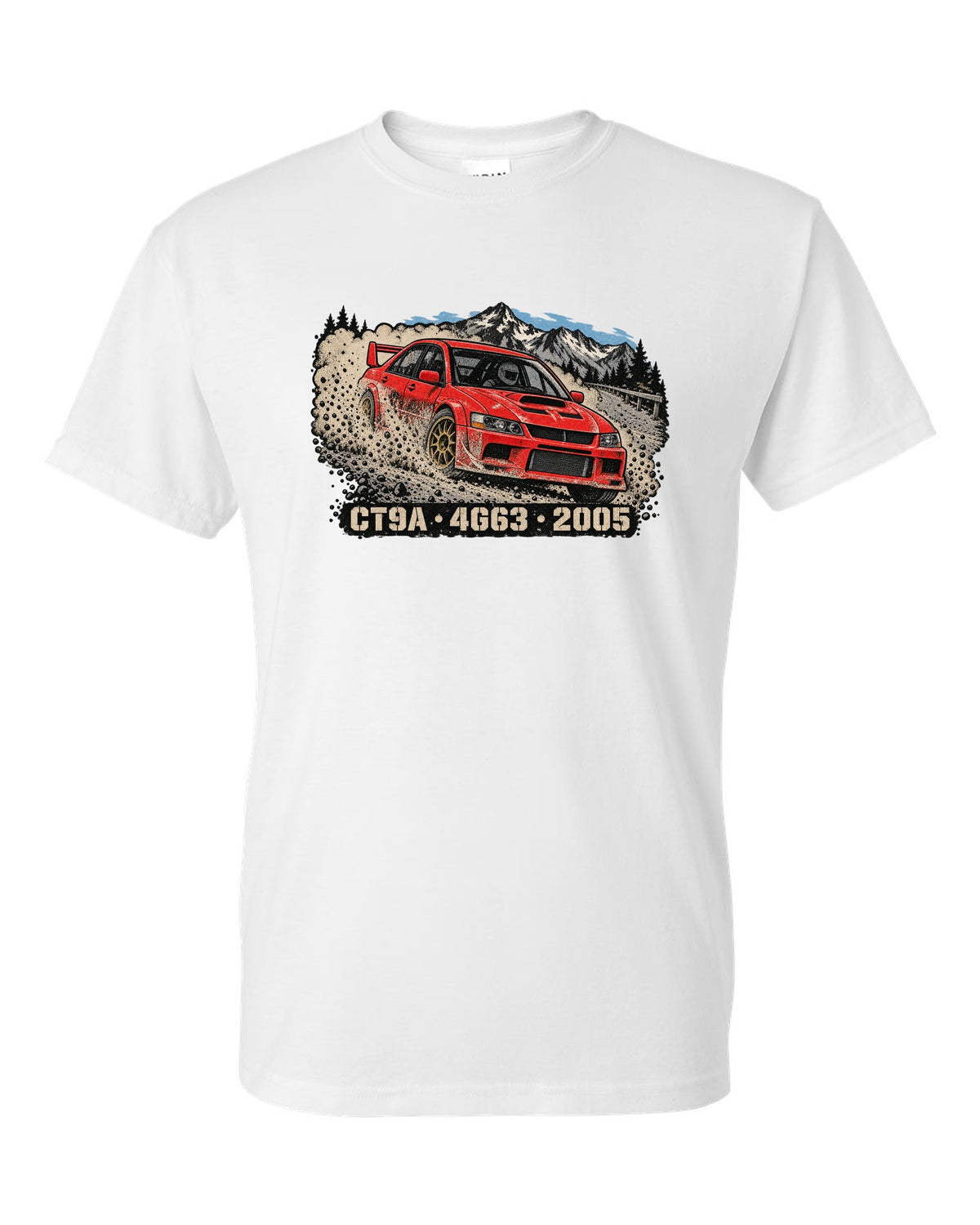 Distressed screenprint print of a Mitsubishi Lancer Evolution IX CT9A on gravel with CT9A 4G63 2005 lettering white t-shirt front view with the design