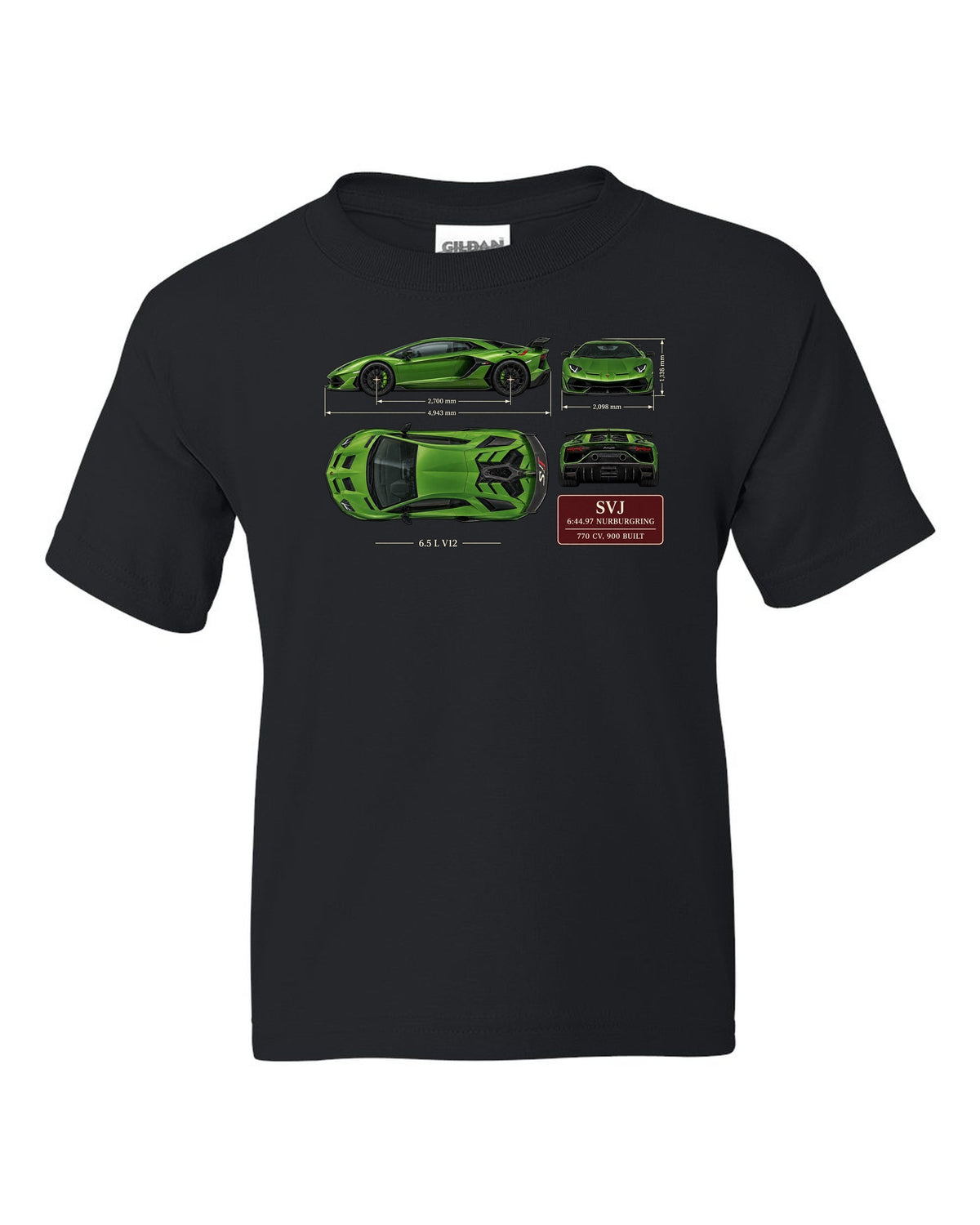 Dimension blueprint print of the Lamborghini Aventador SVJ with Nurburgring lap time black kids tee front view with the design