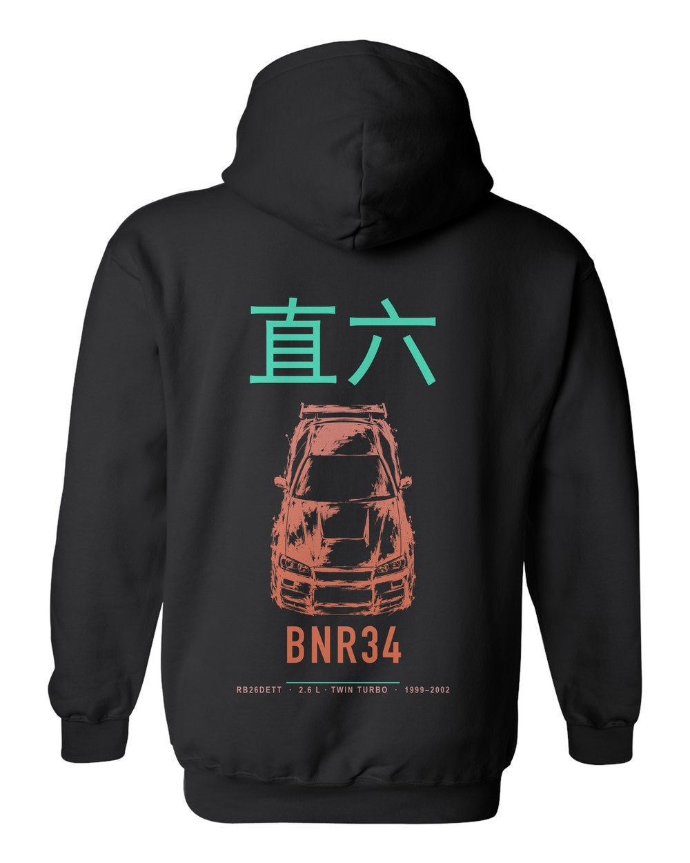 BNR34 full-back artwork black pull over hoodie back view with the design