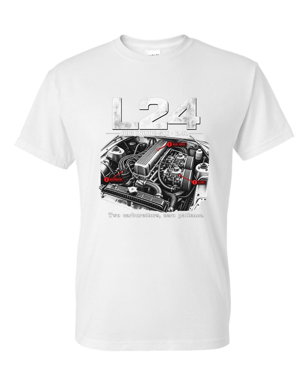 Engine bay print of a Datsun 240Z S30 L24 inline-six with carburettors white t-shirt front view with the design