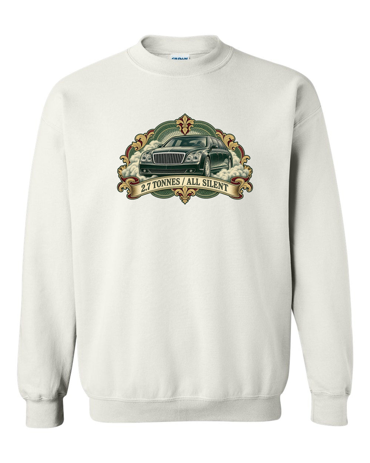 Engraved banknote style etching of a Maybach 57 W240 with 2.7 Tonnes All Silent text white crewneck front view with the design