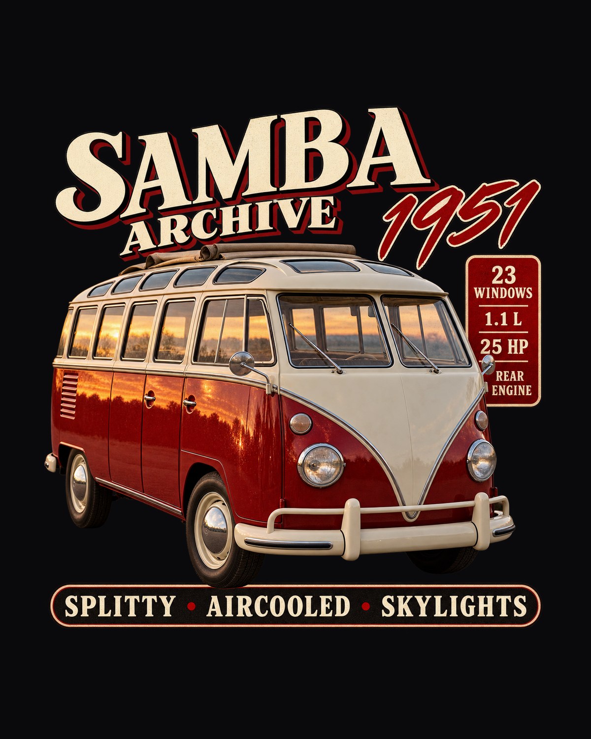 VW T1 Samba Bus 1951 Archive Panel Shirt, 23 Window Tee design only