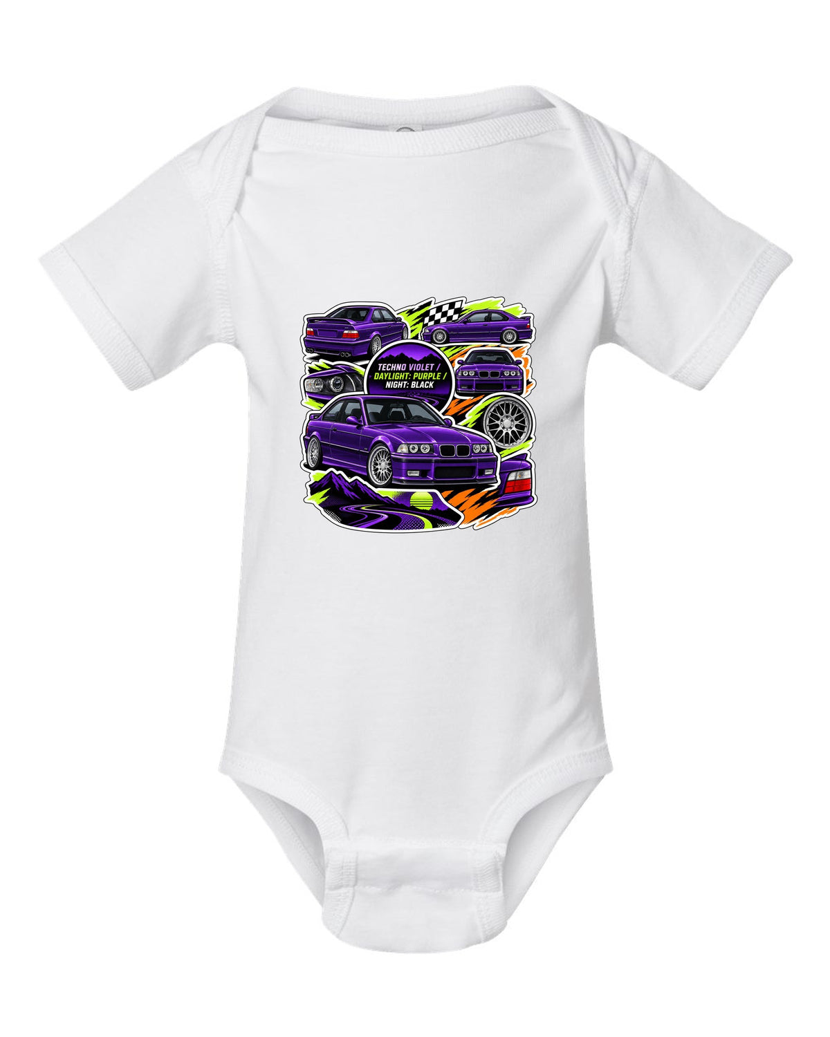 Sticker bomb collage print of a Techno Violet BMW E36 M3 with daylight purple night black text white baby onesie front view with the design