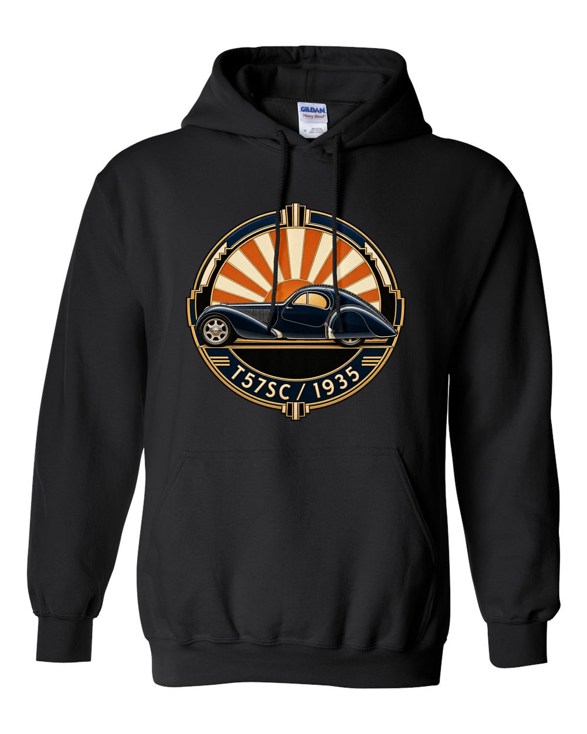 Art Deco crest design featuring the Bugatti Type 57SC Atlantic with T57SC 1935 lettering black pull over hoodie front view with the design