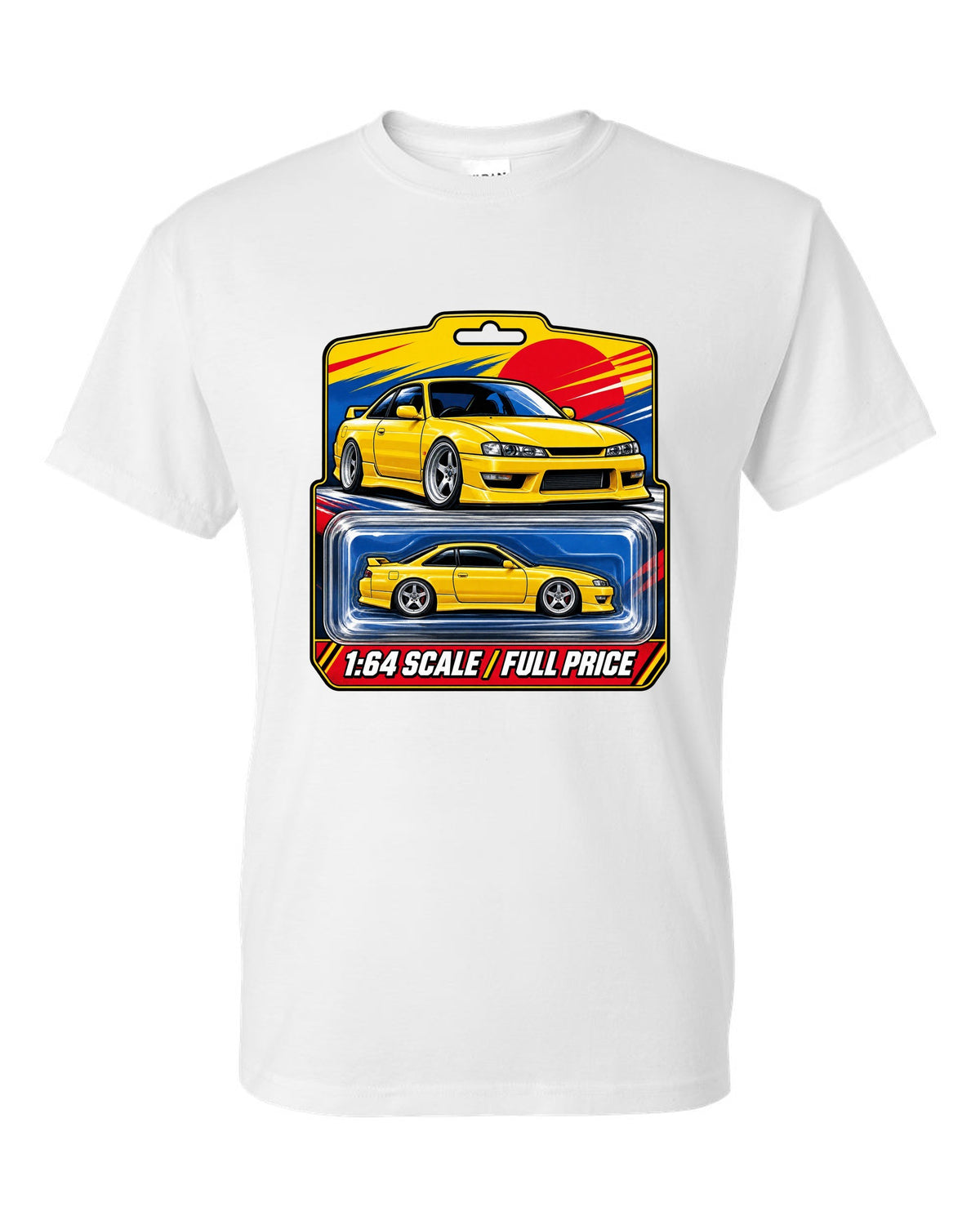 Toy blister card layout print of a Nissan Silvia S14 with 1:64 scale full price text white t-shirt front view with the design