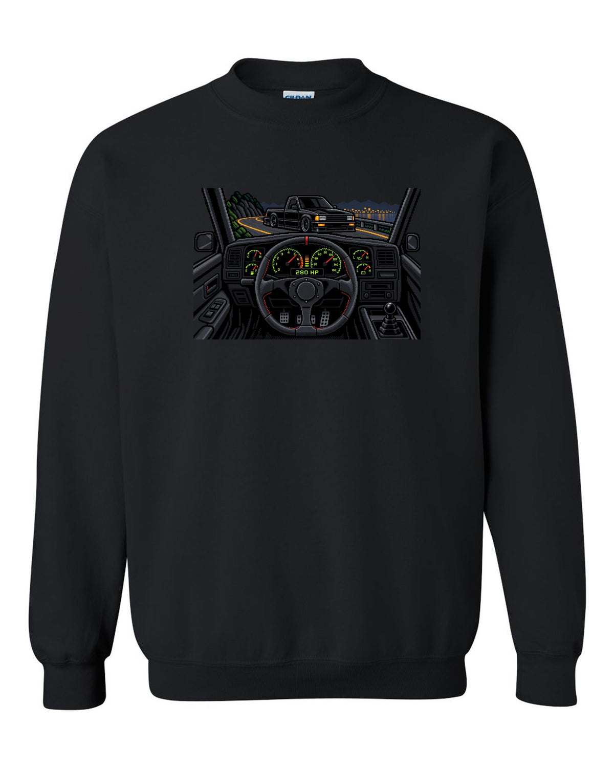 8/16-bit pixel art gauge print of a 1991 GMC Syclone with 280 HP text black crewneck front view with the design