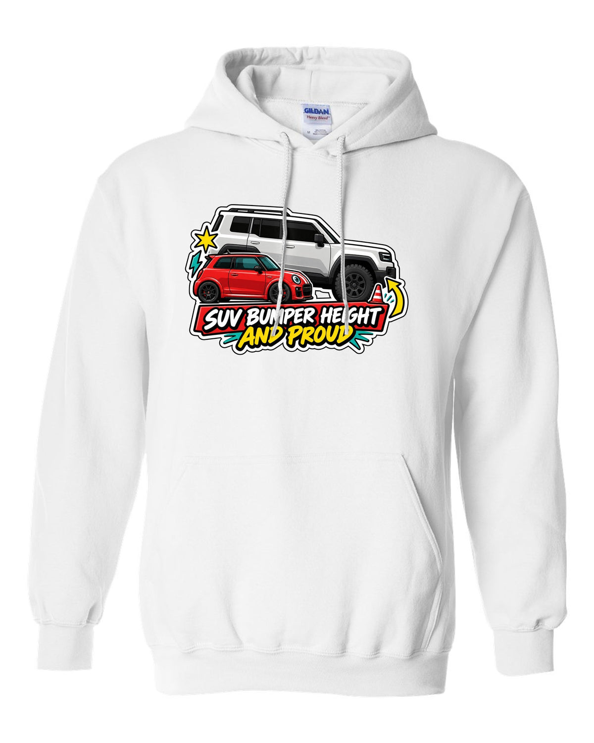 Sticker-bomb collage of a Fiat 500 Abarth with SUV bumper height joke white pull over hoodie front view with the design